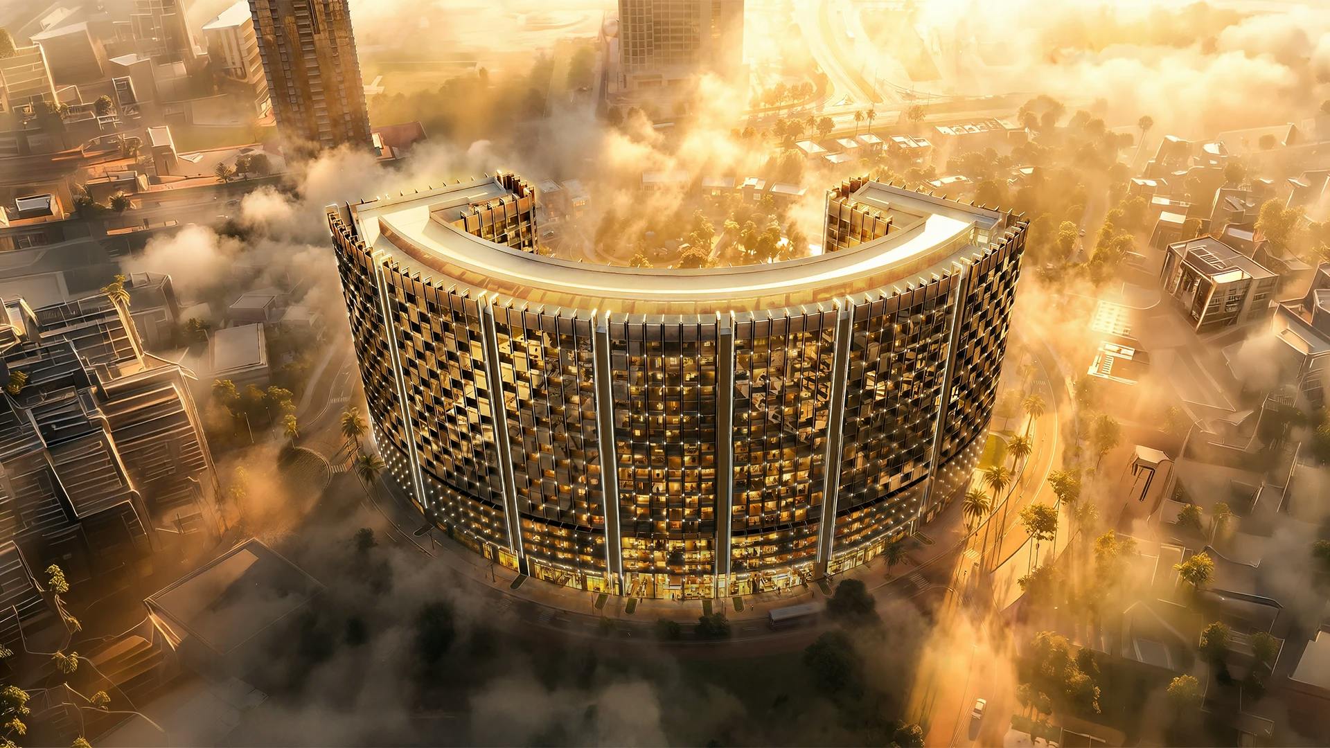 Aerial view of Binghatti Wraith glowing above Al Jaddaf, Dubai